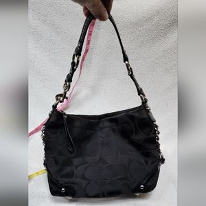 Coach Shoulder Bag Black Signature C's Fabric Leather Trim Silver Hardware